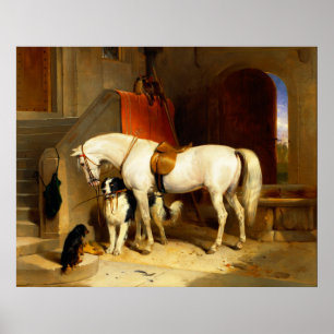 AFFICHE CHEVAL BLANC AVEC CHIENS ET FAUCONS À L'ÉCURIE 