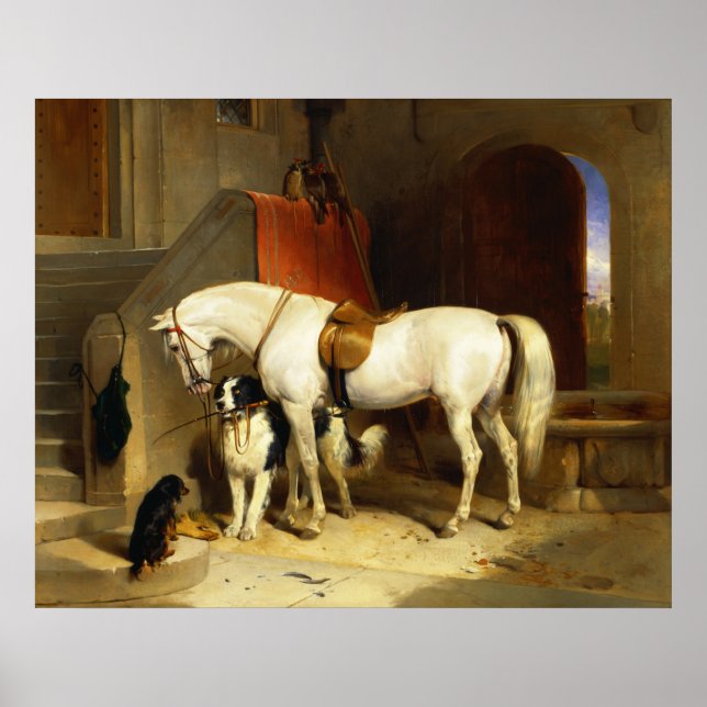AFFICHE CHEVAL BLANC AVEC CHIENS ET FAUCONS À L'ÉCURIE  (Devant)