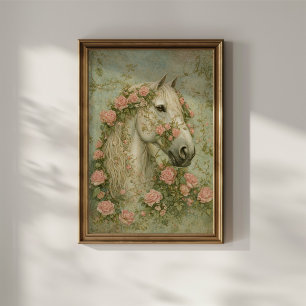 Affiche Cheval blanc avec des roses