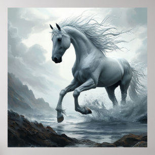 Affiche Cheval blanc courant à travers l'eau