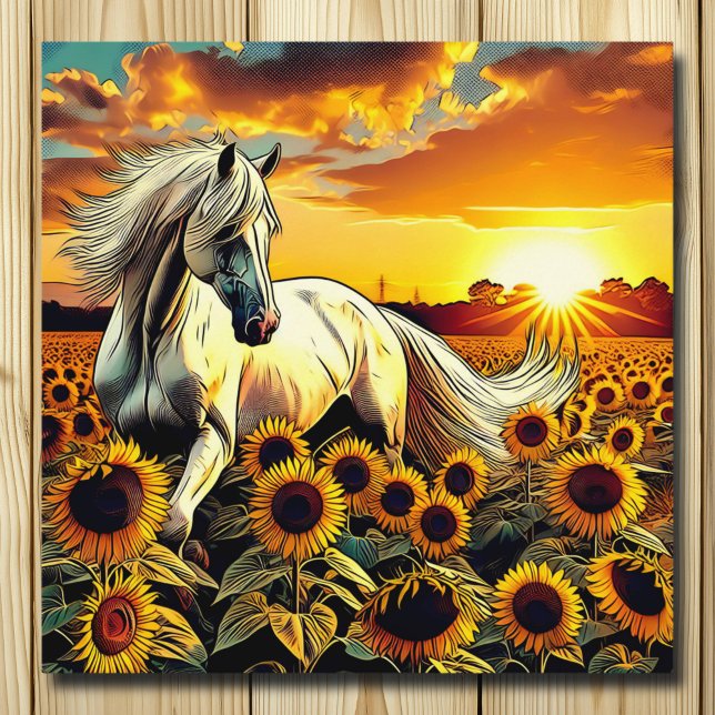 Affiche Cheval blanc dans le champ des tournesols au couch (Créateur téléchargé)