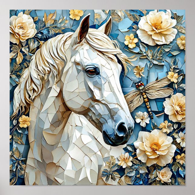 Affiche Cheval blanc dans les fleurs épanouies Élégante na (Devant)