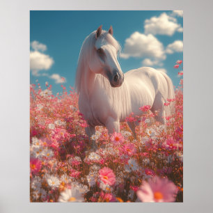 Affiche Cheval blanc dans un champ de fleurs