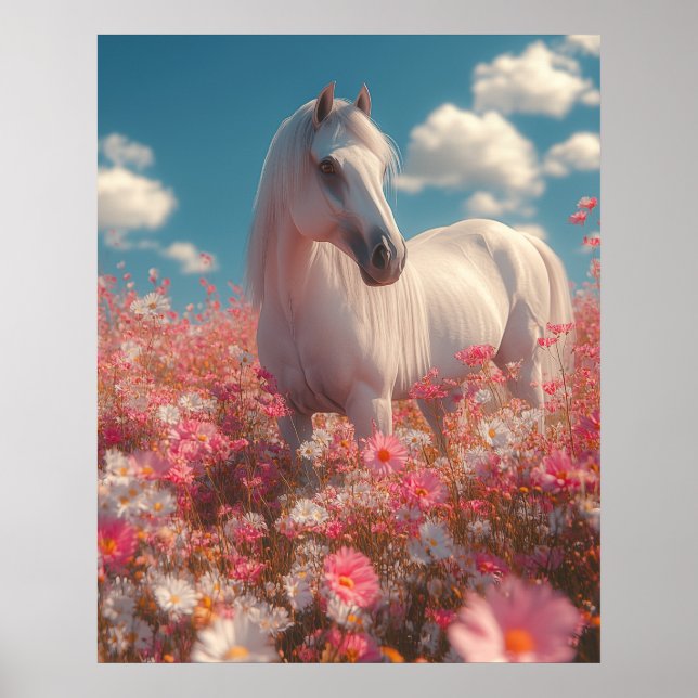 Affiche Cheval blanc dans un champ de fleurs (Devant)