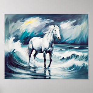 Affiche Cheval blanc dans une mer orageuse