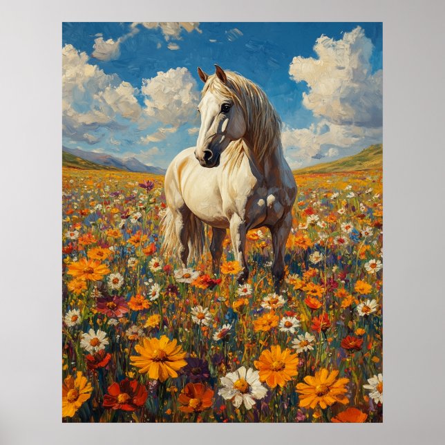 Affiche Cheval blanc dans une symphonie de fleurs sauvages (Devant)