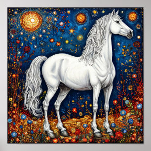 Affiche Cheval Blanc de Conte de Fées Sous le Ciel Étoilé