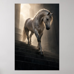 Affiche Cheval blanc descendant les marches de pierre Reli