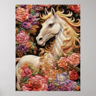 Affiche Cheval blanc et broderie 3D Rose