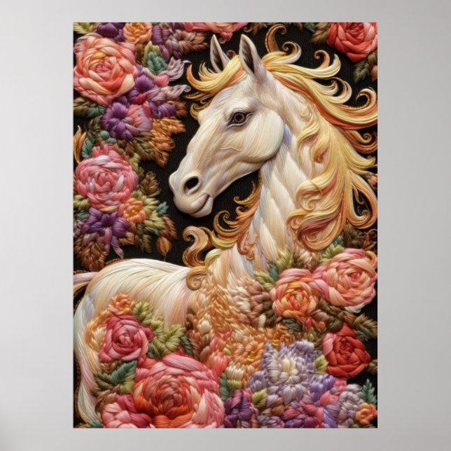 Affiche Cheval blanc et broderie 3D Rose (Devant)