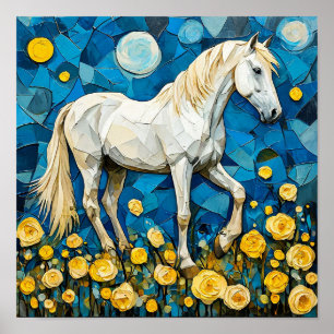 Affiche Cheval blanc et fleurs