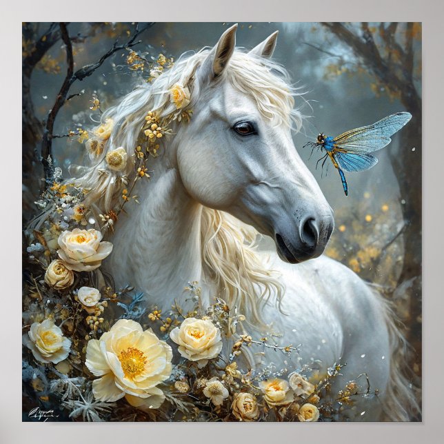 Affiche Cheval blanc et fleurs (Devant)