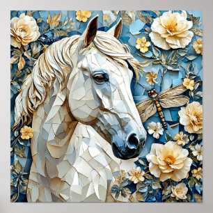 Affiche Cheval blanc et fleurs