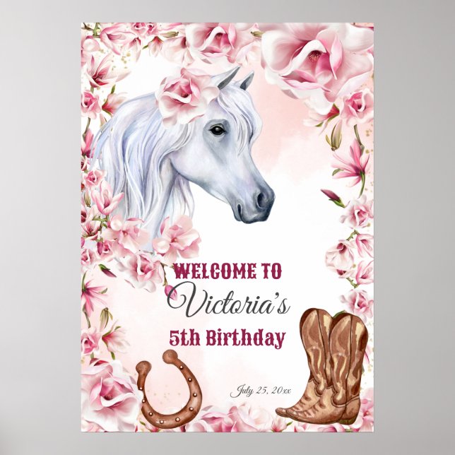 Affiche Cheval blanc fleurs roses cofille anniversaire bie (Devant)