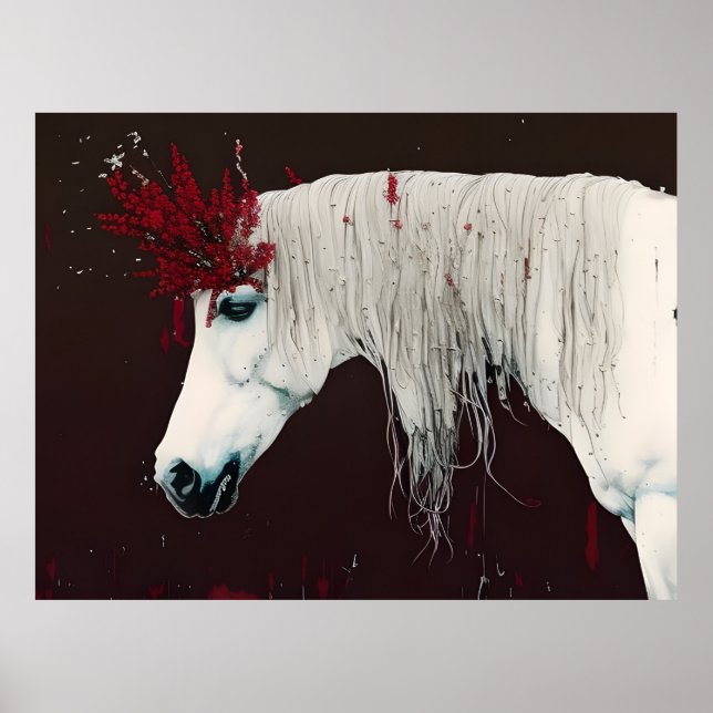 Affiche Cheval Blanc Fleurs rouges (Devant)