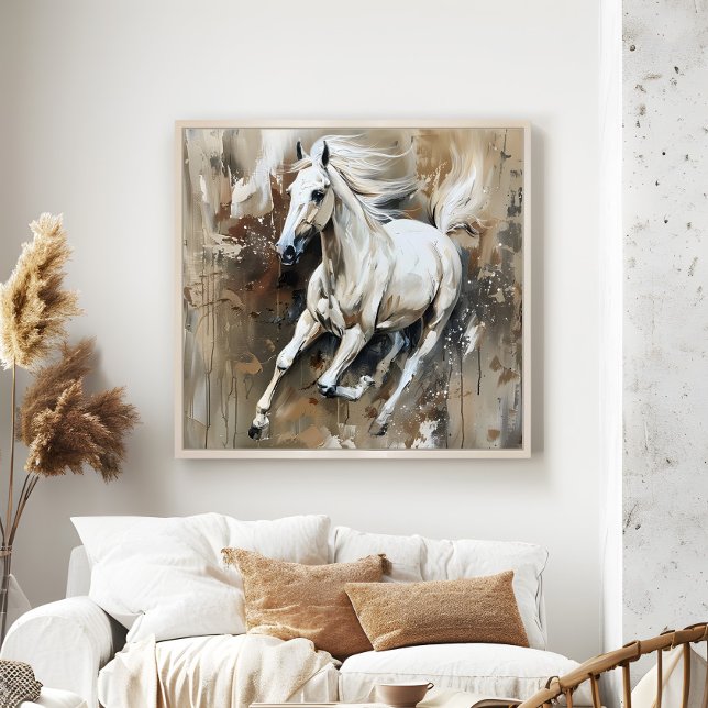 Affiche Cheval blanc moderne peinture murale esthétique (Modern White Horse Painting Aesthetic Wall Art in a neutral boho living room.)