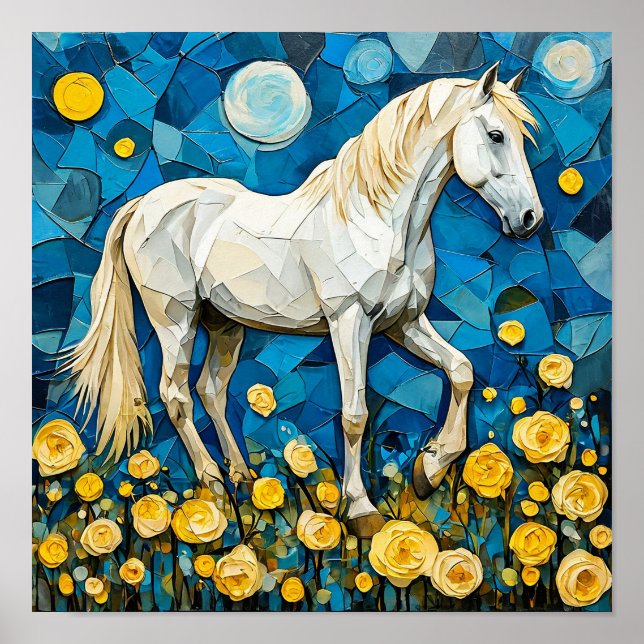 Affiche Cheval blanc Mosaïque Fantaisie florale bleue Art (Devant)