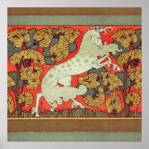 Affiche CHEVAL BLANC RAMPANT, ARBRES EN FORÊT Art nouveau