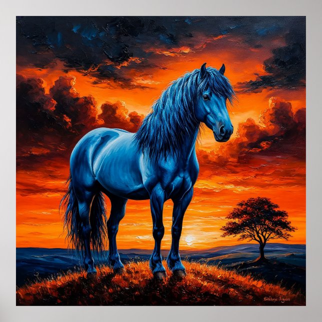 Affiche Cheval Bleu dans un paysage de coucher de soleil a (Devant)