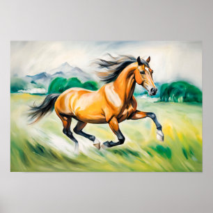 Affiche Cheval Brown traversant une prairie