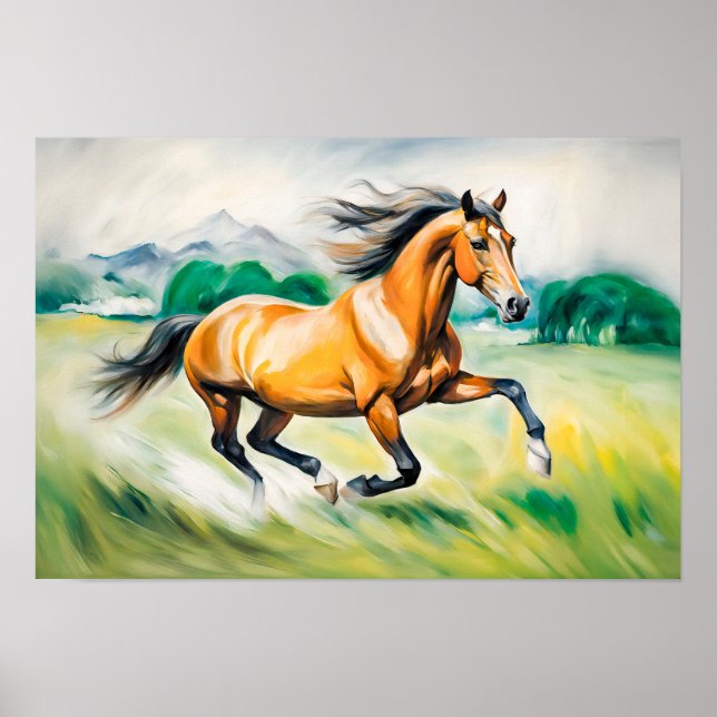 Affiche Cheval Brown traversant une prairie (Devant)