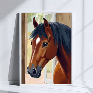 Affiche Cheval Brun Aquarelle Animal Pays Grange
