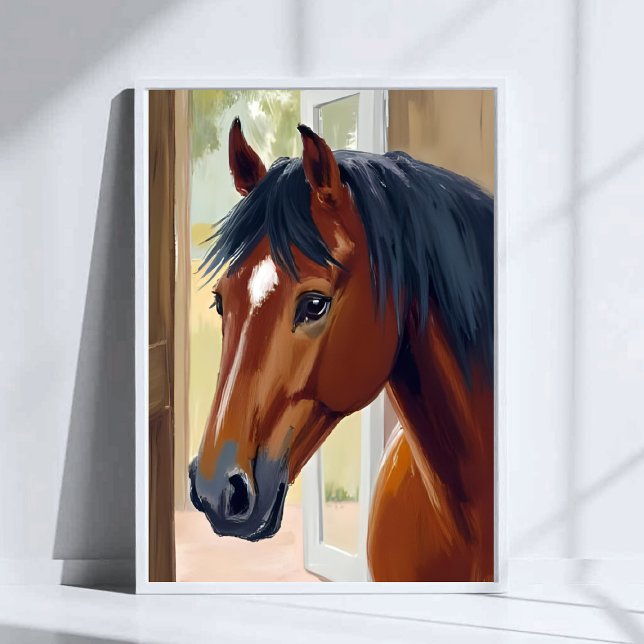Affiche Cheval Brun Aquarelle Animal Pays Grange (Créateur téléchargé)