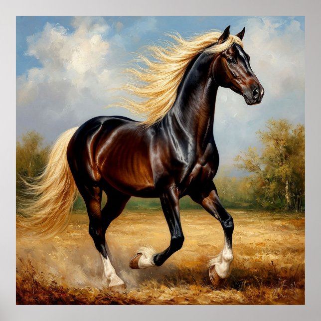 Affiche Cheval brun courant dans un coucher de soleil pitt (Devant)