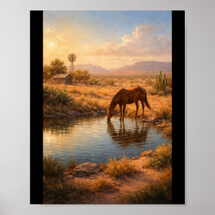 Affiche Cheval buvant à un petit étang