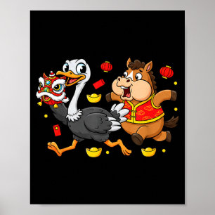 Affiche Cheval Chinois Autruche Drôle Enfants Hommes Femme