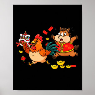 Affiche Cheval Chinois Poulet Drôle Enfants Hommes Femmes