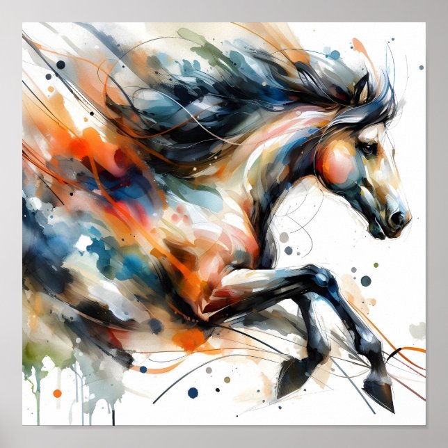 Affiche Cheval courant à l'aquarelle abstraite (Devant)