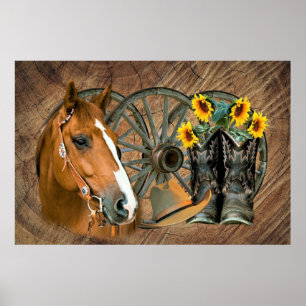 Affiche Cheval Cowboy Boots Wagon Wheels Sunflowers Wester
