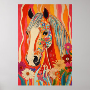 Affiche Cheval d'alimentation en fleurs