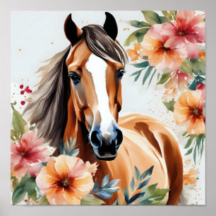 Affiche Cheval d'aquarelle entouré de fleurs