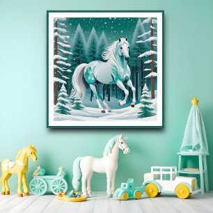 Affiche Cheval d'argent vert dans la forêt enchantée