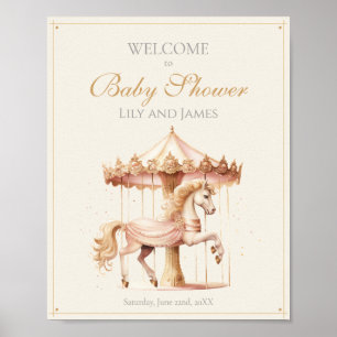 Affiche Cheval de carrousel rose vintage Bienvenue Baby Sh