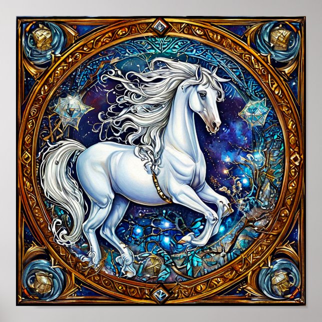 Affiche Cheval de conte de fées orné Cercle fantaisie Élég (Devant)