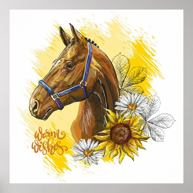 Affiche Cheval de dessin à la main avec plantes et fleurs  (Devant)
