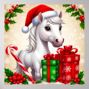 Affiche Cheval de dessin animé Chapeau de Père Noël Cadeau