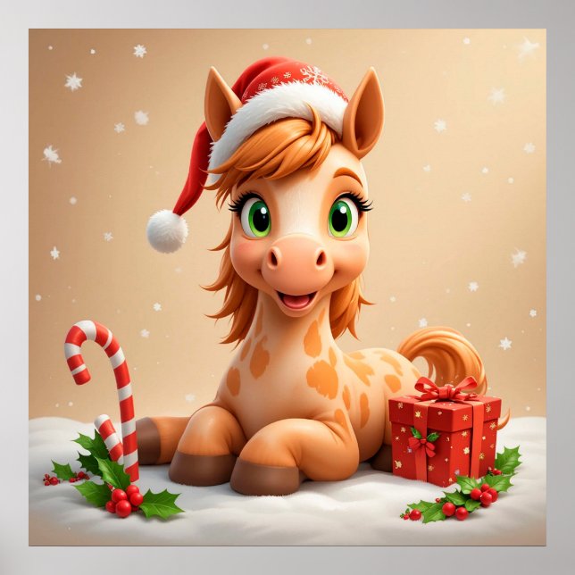 Affiche Cheval de dessin animé drôle chapeau de Père Noël  (Devant)