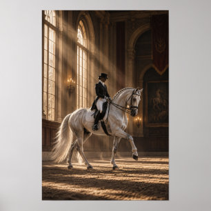 Affiche Cheval de dressage blanc et cavalier dans un grand