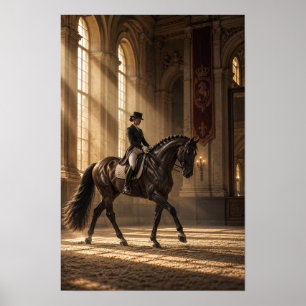 Affiche Cheval de dressage noir et cavalier dans un grand
