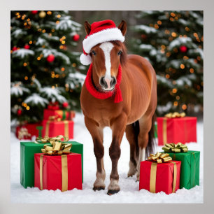 Affiche Cheval de fête avec chapeau de Père Noël