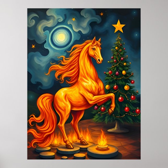 Affiche Cheval de la Fiery Rouge à l'arbre de Noël & Lune (Devant)