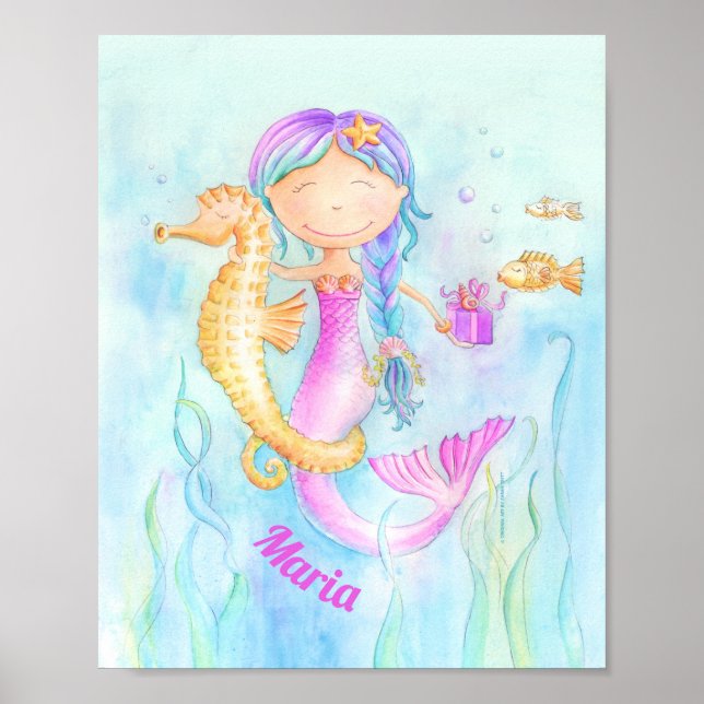 Affiche Cheval de mer Mermaid aquarelle art nom personnali (Devant)