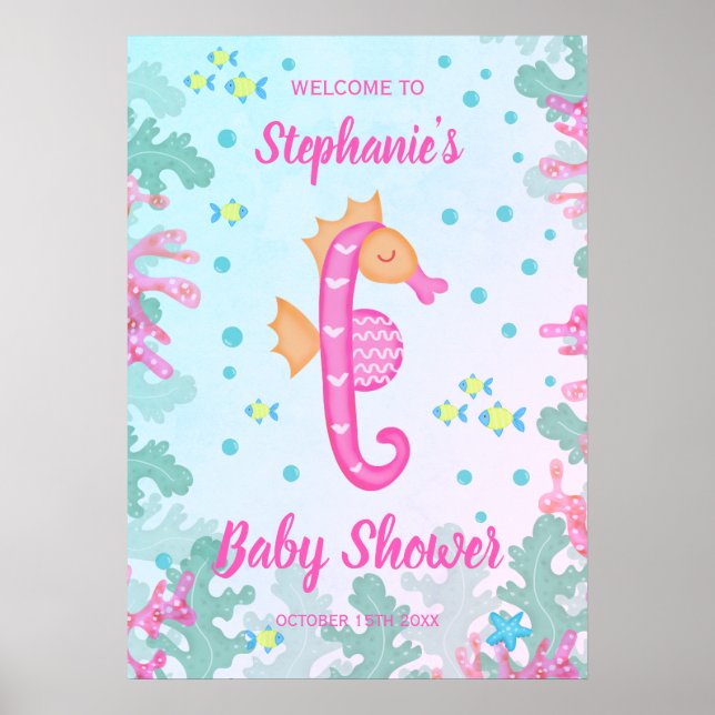 Affiche Cheval De Mer Sous Le Baby shower Bleu De Mer (Devant)