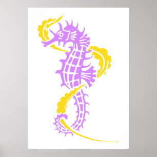 Affiche Cheval de mer violet, jaune et algues