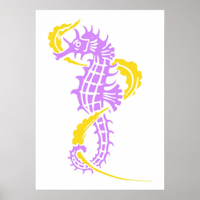 Affiche Cheval de mer violet, jaune et algues (Devant)