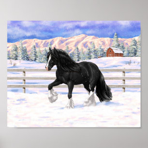 Affiche Cheval de trait Gypsy Vanner Irish Cob noir dans l